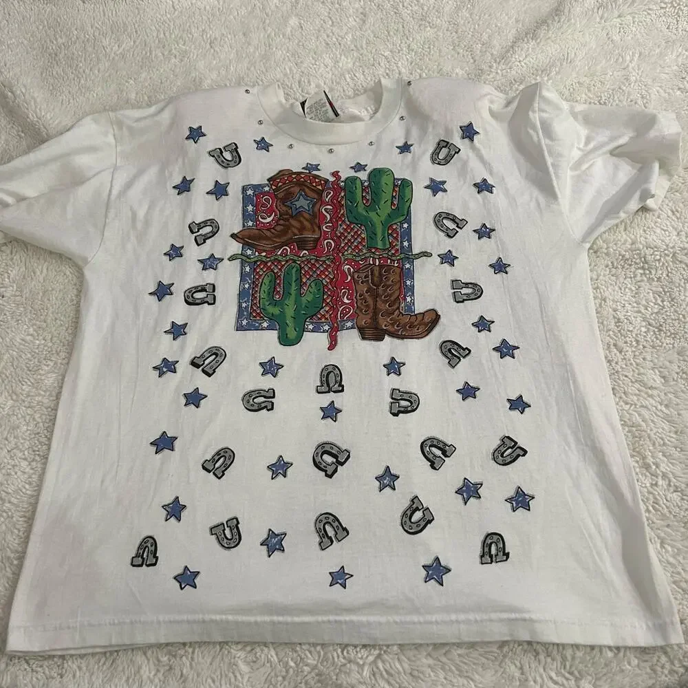 VTG 90's Cowgirl Western Graphic T-Shirt Embellished Made in USA Boho Indie - Picture 2 of 8